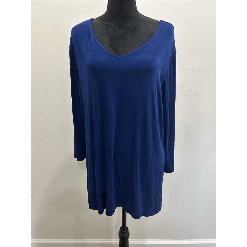 Chicos Travelers Sz 3 Womens XL Blue V Neck 3/4 sleeve Slinky